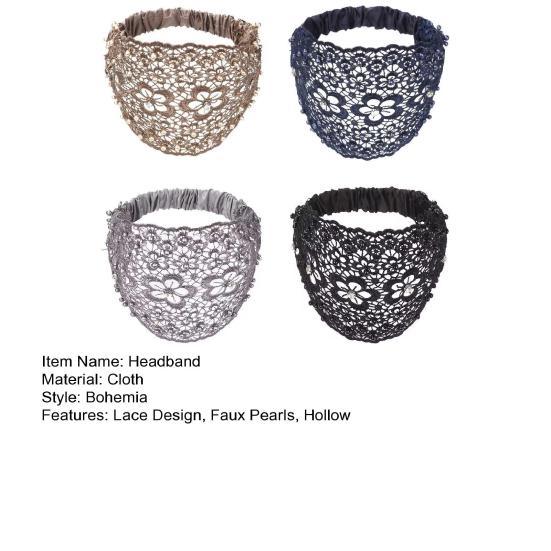 4 шт. Женская повязка на голову с цветочным кружевом, полым дизайном, искусственным жемчугом, обруч для волос, бохо-стиль, широкие эластичные аксессуары для волос