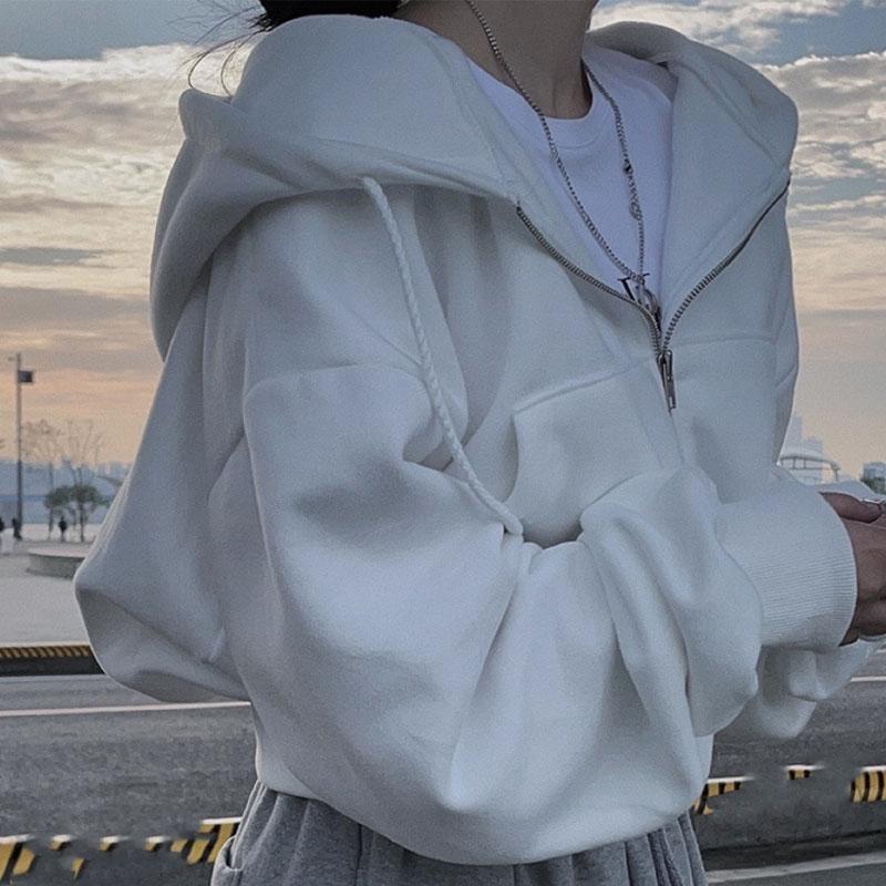 Women Hoodies Jacket Autumn Vintage Solid Color Zip Up Oversized Sweatshirts Harajuku Korean Version Long Sleeve Hooded Jackets Coat
