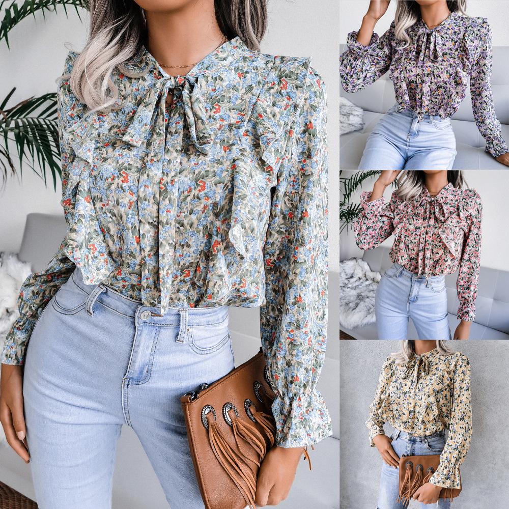 Women's Fall and Winter Casual Lace-up Ruffled Floral Chiffon Shirt