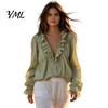 Loose Fit Pleated Shirt Women Half Zipper V-Neck Blouse, Bohemian Long Sleeve Ruffle Top, Design Shirts Solid Color for Spring Fall