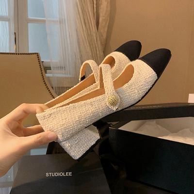 Виноградный цвет французский шерстяной маленький ароматный стиль цветовая гамма толстый средний каблук круглый носок Мэри Джейн одинарная обувь женская для работы