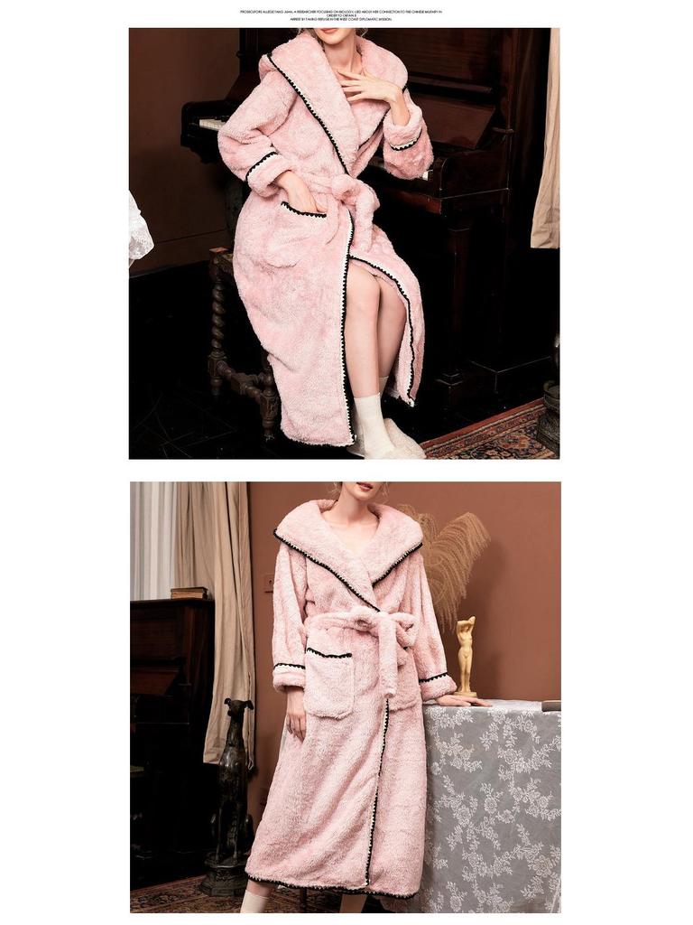 Женский халат с капюшоном из кораллового флиса - Толстый, теплый, длинный, однотонный для осени и зимы