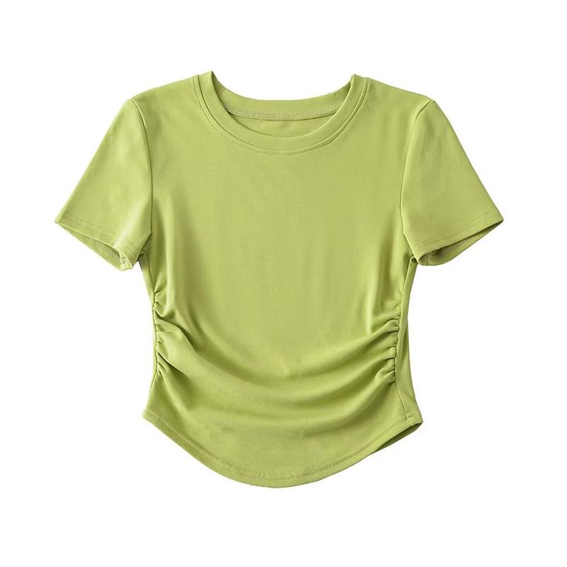 2024 Harajuku Женская хлопковая футболка с круглым вырезом, короткими рукавами и рюшами по бокам, футболки