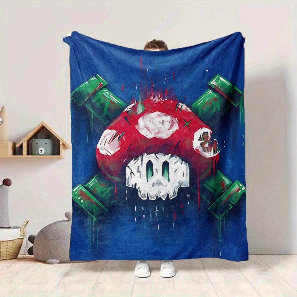 1pc Mario Mushroom Cozy Print Blanket Lightweight Warm Flannel Throw Blanket For Sofa, Bed, Living Room