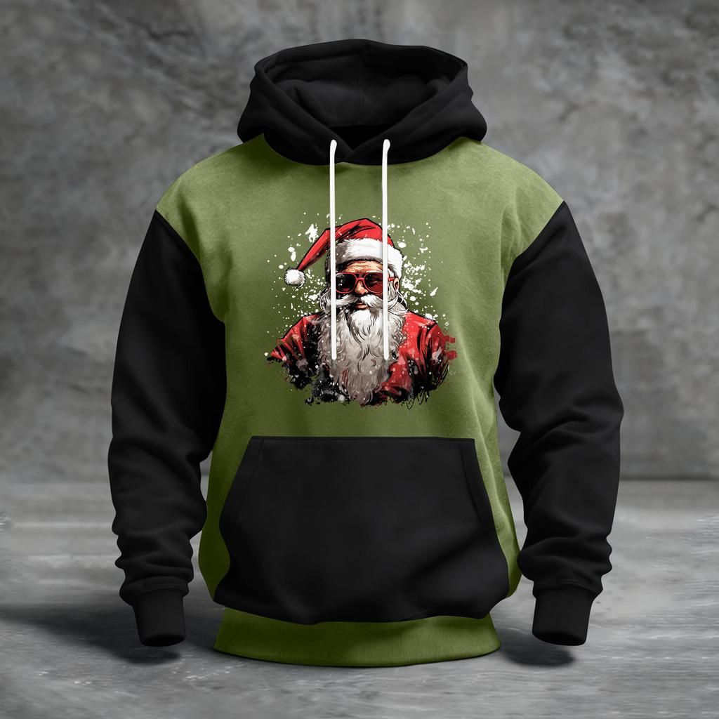 Мужской рождественский свитшот с капюшоном, повседневный, спортивный, удобный, с цветными блоками и принтом