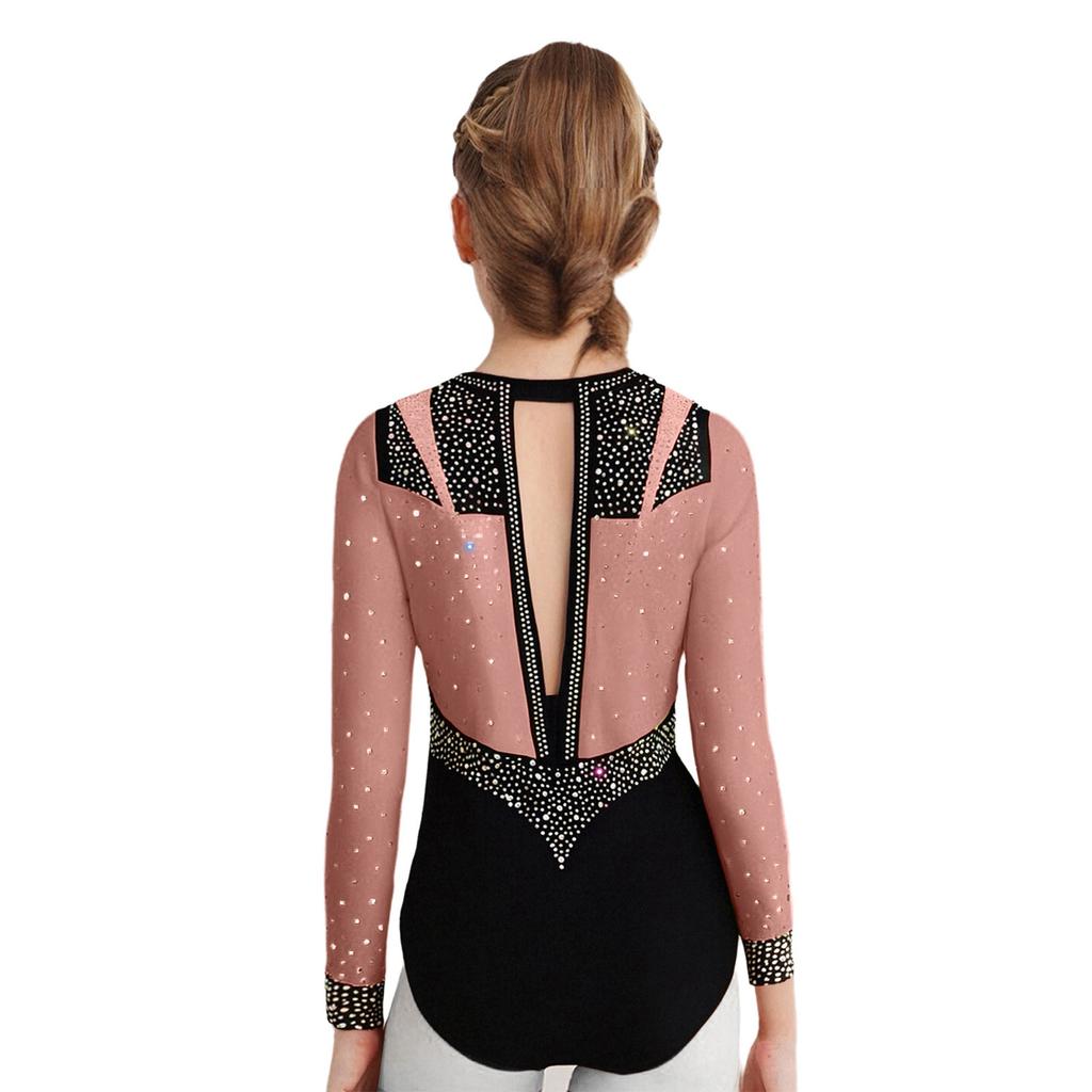Гимнастический купальник для девочек с длинным рукавом, с вырезом-капелькой на спине, блестящими стразами, одежда для фигурного катания и танцев