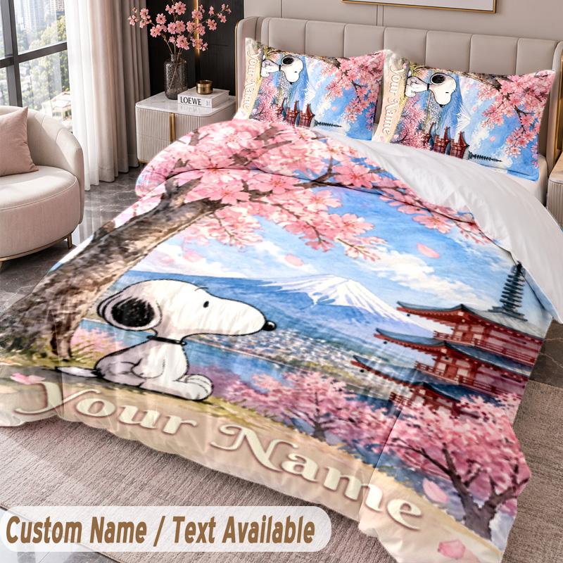 Custom Name Text 3Pcs Bedding Set Snoopy Peanuts Duvet Cover And Two Pillowcases