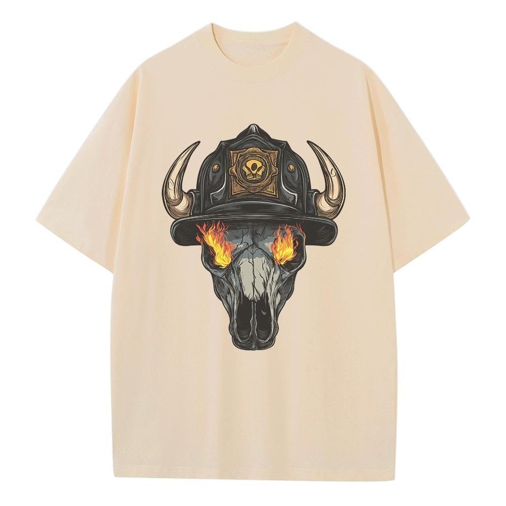 Весенне-летняя свободная футболка из чистого хлопка, унисекс, с графическим принтом черепа быка и пожарной каски, дышащая, мужской топ