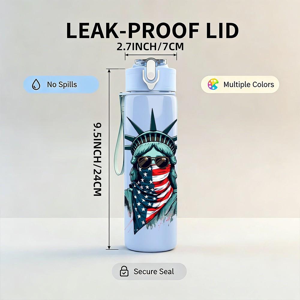 1PC Statue Of Liberty Badge 750ml Color Plastic Sports Water Bottle Leakproof Flip Straw Lid Suitable for Sports Office Home Use