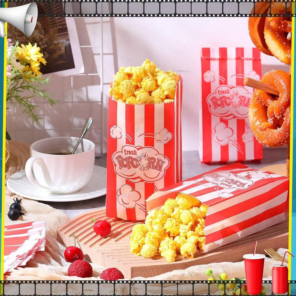 100pcs Popcorn Favor Bags Red Striped Candy Paper Bags Nougat Biscuit Bread Toast Bags For Snacks Goods Bag Movie Birthday Party