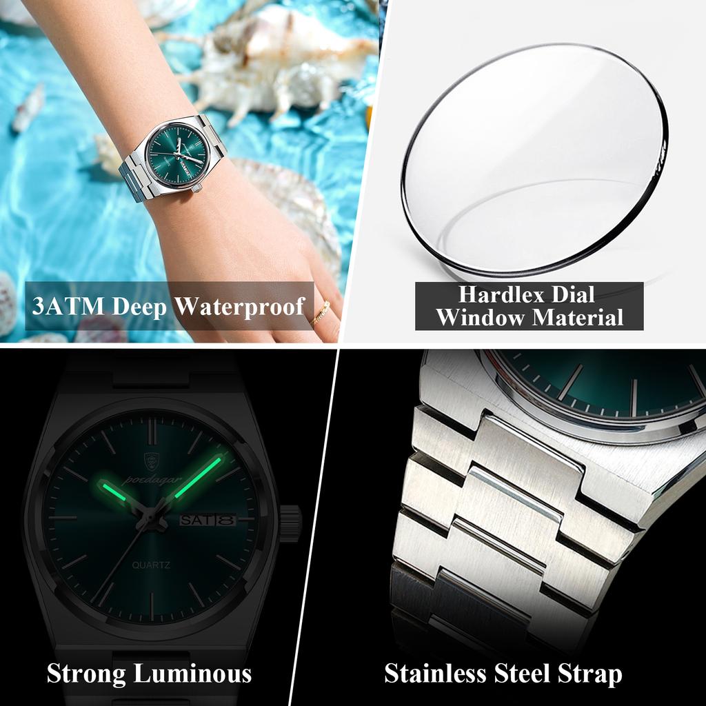 Fashion Quartz Ladies Watch Stainless Steel Date Week Woman's Wristwatch Waterproof Luminous Business Watches For Men Couples