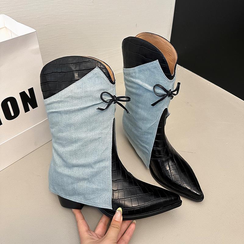 European and American soft leather niche design pants tube boots pointed flat bottom splicing thin V-mouth short boots women's spring Martin boots