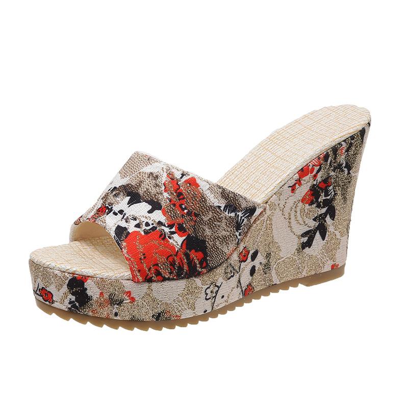 Large Slope Heel Printed Fashionable Slippers for Women In 2024, New Fashionable Thick Soled European and American Fish Mouth Roman Slippers