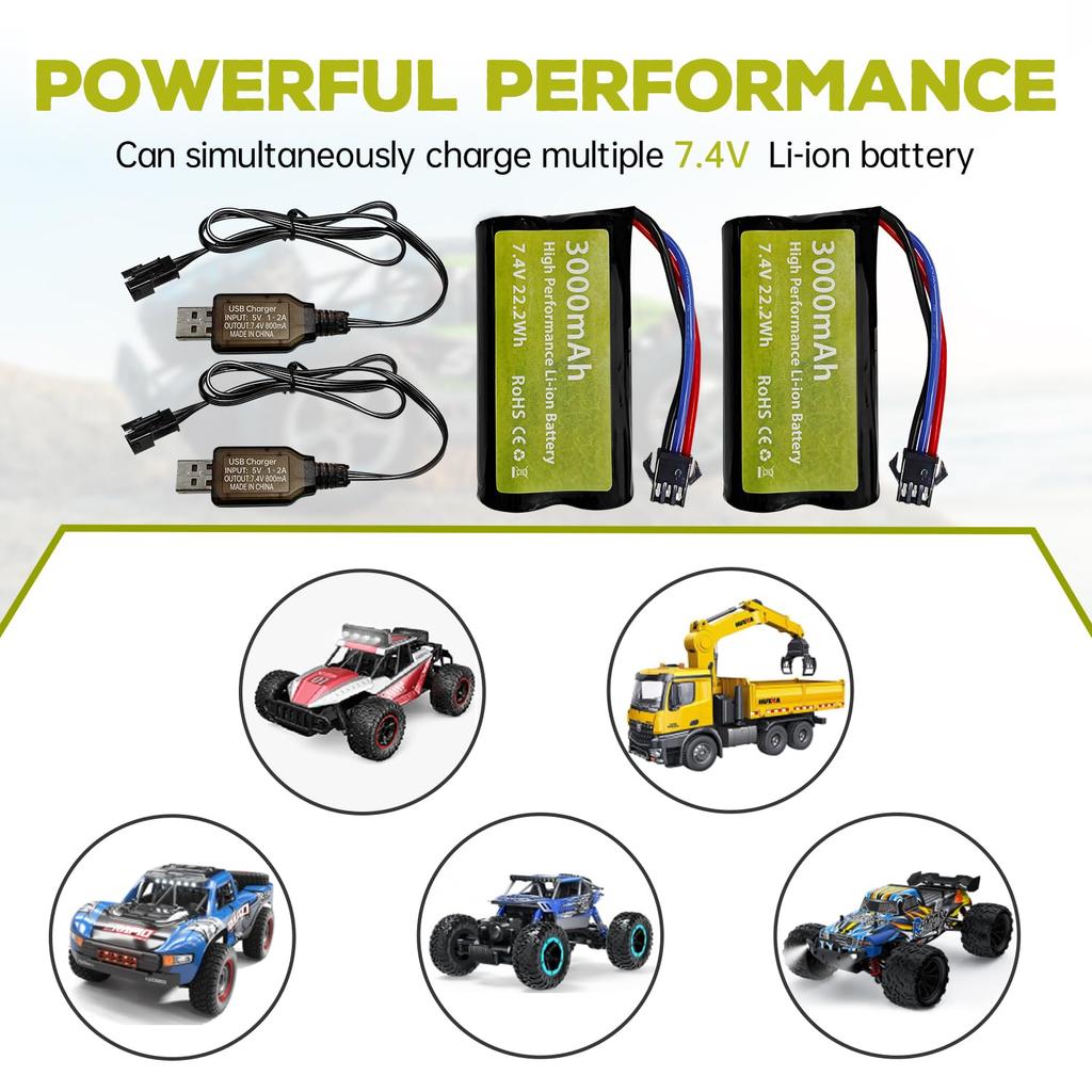 2 шт. 7,4 В 3000 мАч 15C 2S литий-ионный аккумулятор с разъемом SM-3P и USB-кабелем для зарядки для DE43, DE60, 9500E, Huina 1575 инженерный автомобиль с дистанционным управлением, и