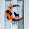 Halloween Moon Crow Wreath for Front Door Gothic Twig Wreath with Artificial Flowers Pumpkin Dead Branches for Indoor Outdoor Home Wall Window Decor