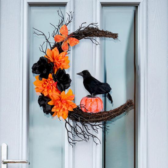 Halloween Moon Crow Wreath for Front Door Gothic Twig Wreath with Artificial Flowers Pumpkin Dead Branches for Indoor Outdoor Home Wall Window Decor