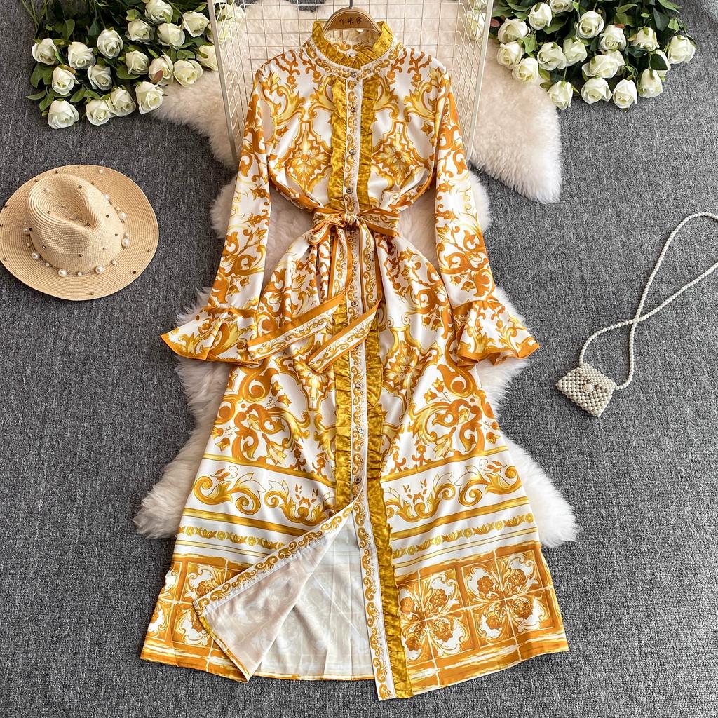 Весна-Осень, желтый, красный, синий и белый фарфоровый халат с принтом, женские вечерние платья с расклешенными рукавами и поясом на шнуровке