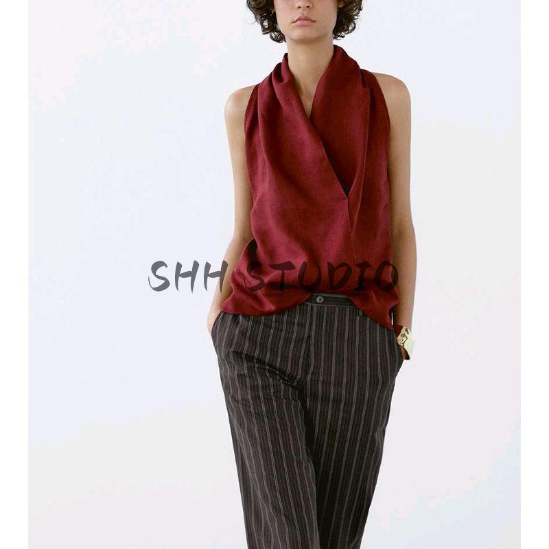 MD Summer Women's Clothing French Style Normcore Elegance Cross Hanging Collar Spaghetti Straps Sleeveless Shirt Tops 5131640