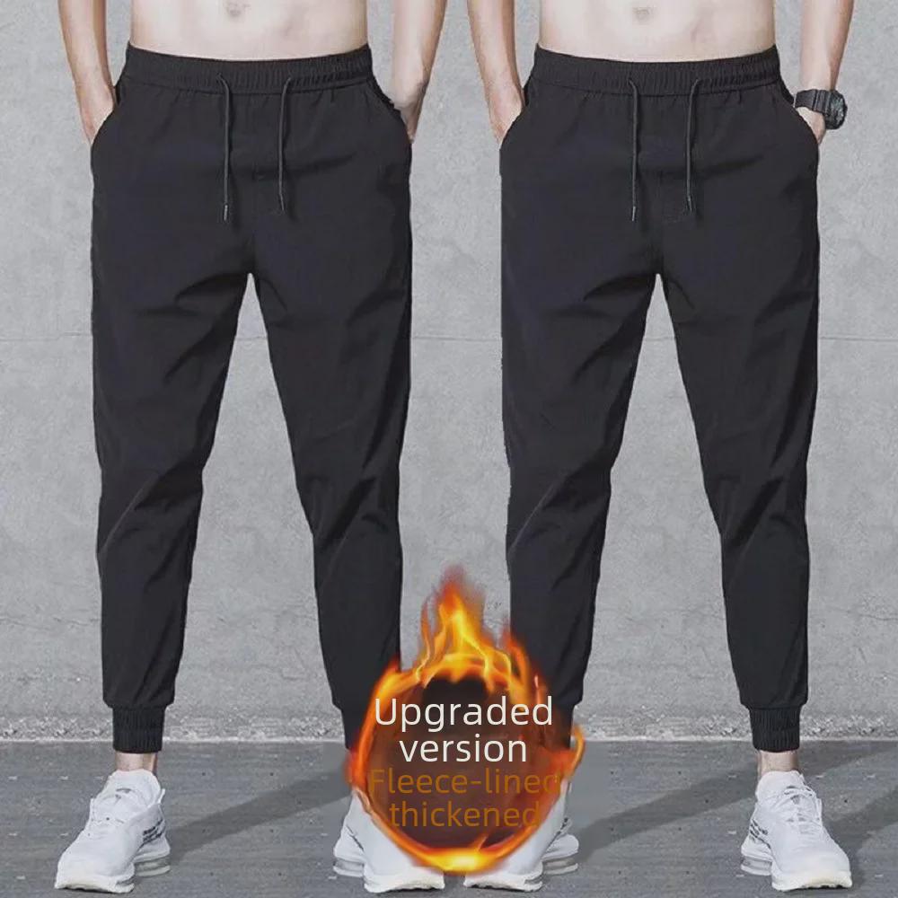 Men's Plus Velvet Thicken Cotton Trousers: Winter Warm, Casual Fit, Elastic Ankle, Suitable for Middle-Aged and Elderly.