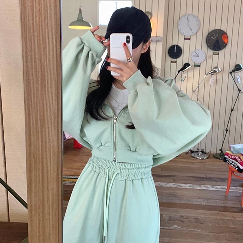 Korean Hooded Cardigan Sweatshirt Set for Petite Women Solid Color Casual Loose Top High Waist Straight Leg Pants Two-piece Set