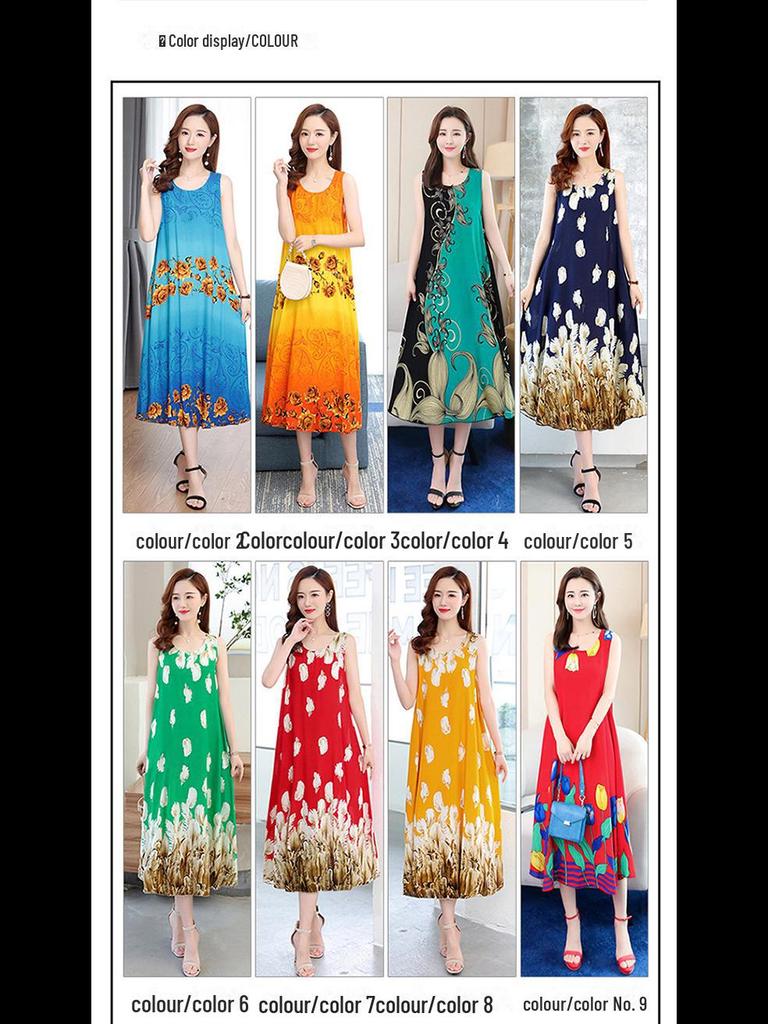 Sleeveless Silk Cotton Dress for Middle-Aged Mothers - Slim Fit, Large Size, Beach Dress for Summer