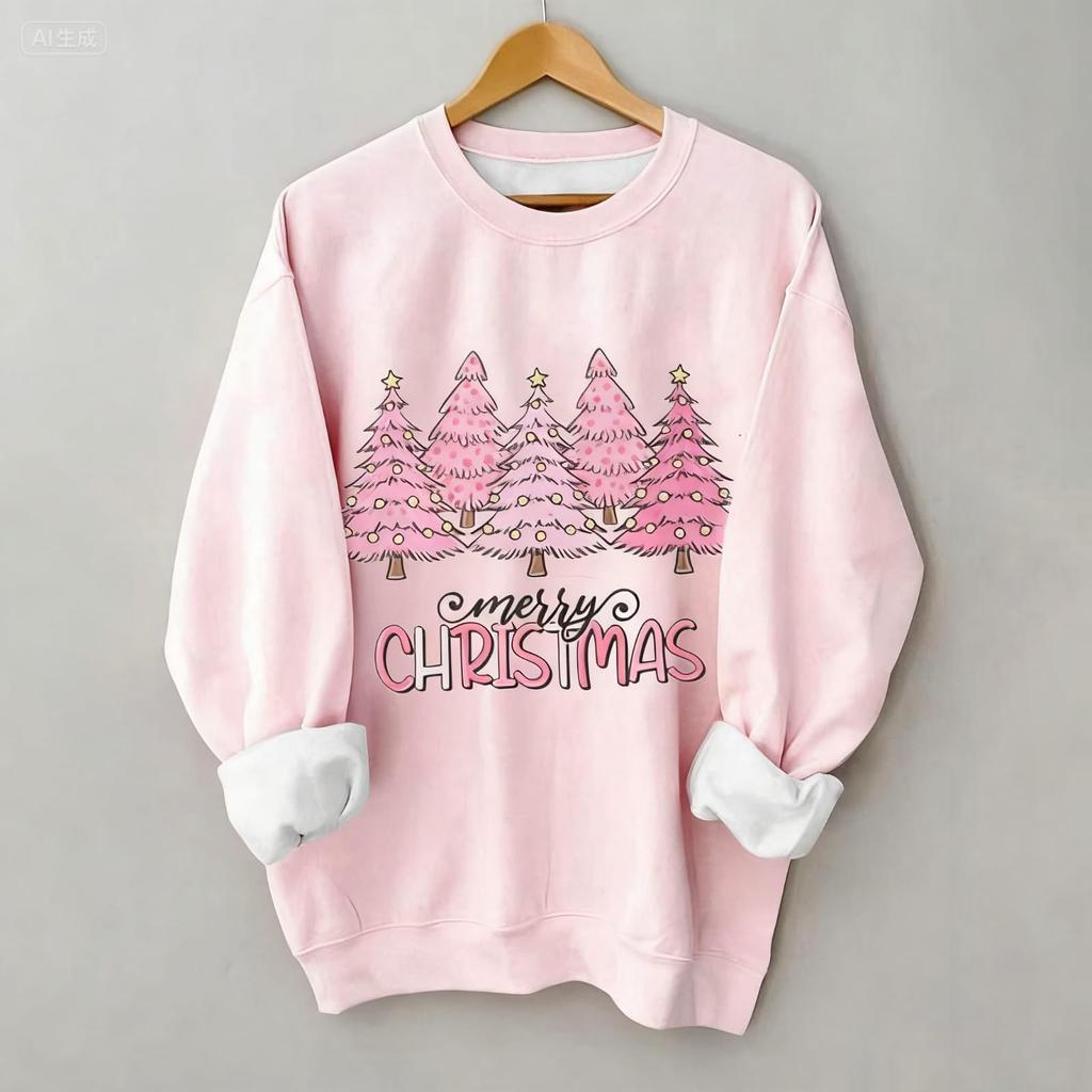 Women's Christmas Tree Printed Fashionable Round-neck Long-sleeved Sweatshirt Top
