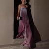 Женское strapless плиссированное макси-платье однотонное фиолетовое с градиентом желтый-розовый-оранжевый