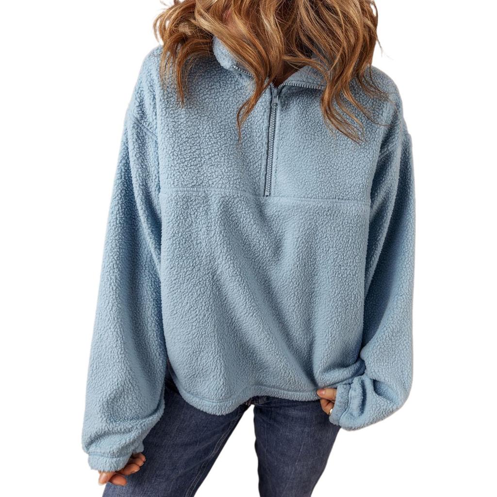 Женская мода повседневная свободная однотонная плюшевая кофта с длинным рукавом и застежкой-молнией на половину шеи