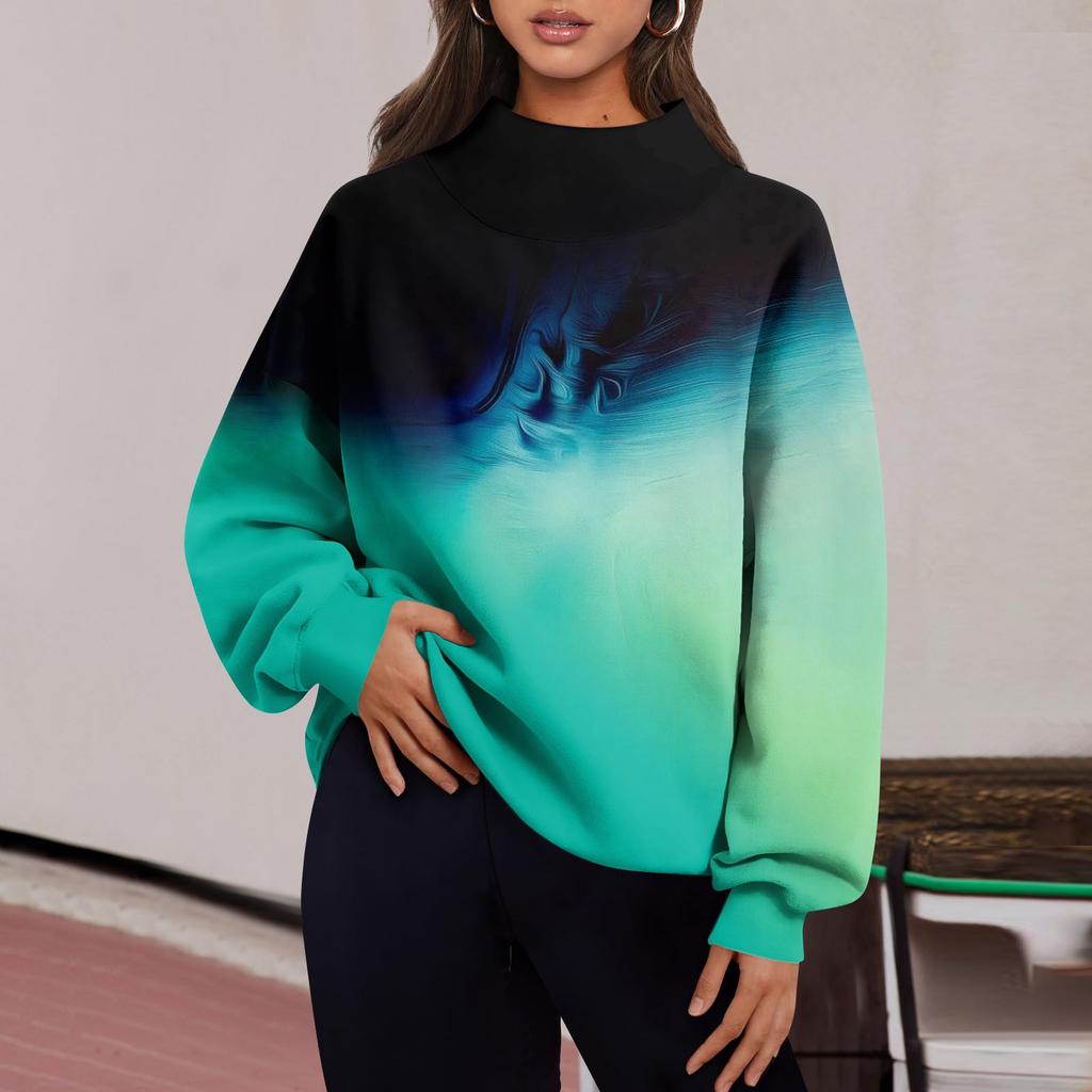 Женская мода с принтом и длинными рукавами, свободная полуводолазка с разрезом, толстовка, топ