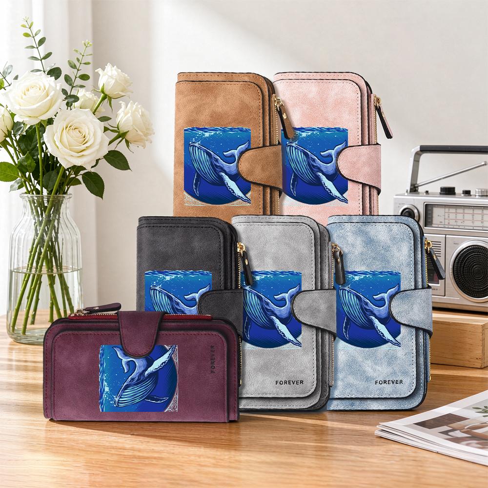 Fashion Whale Printed Long Wallet Multi Card Slot Portable Casual Leather Purse