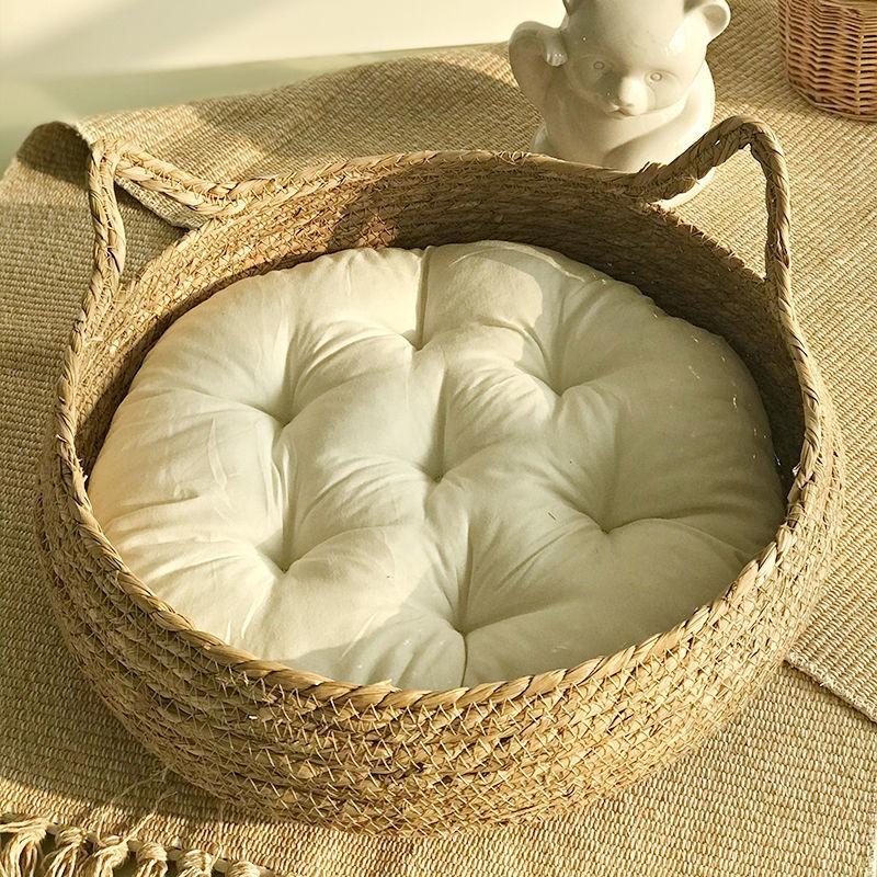 OUZEY Rattan Weaving Cat Basket Pet Cat Bed With Cushion Soft Warm Puppy Kitten Bed Donut Round Comfortable Sleeping Cat House