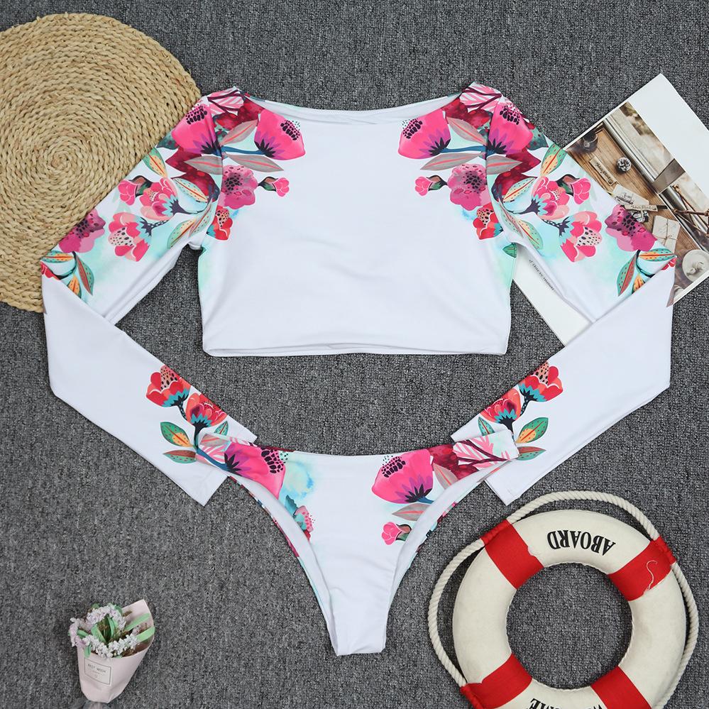 New Sexy Women Swimsuit Women Swimwear Bikini Set Long Sleeves White Printed Female Bathing Suit Swim Wear Beach Clothing