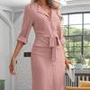 Lady Commuting Dress Turn-down Collar V Neck Lace-up Belted Waist Dress Single-breasted Long Sleeves with Cufflink Split Hem OL Office Midi Dress