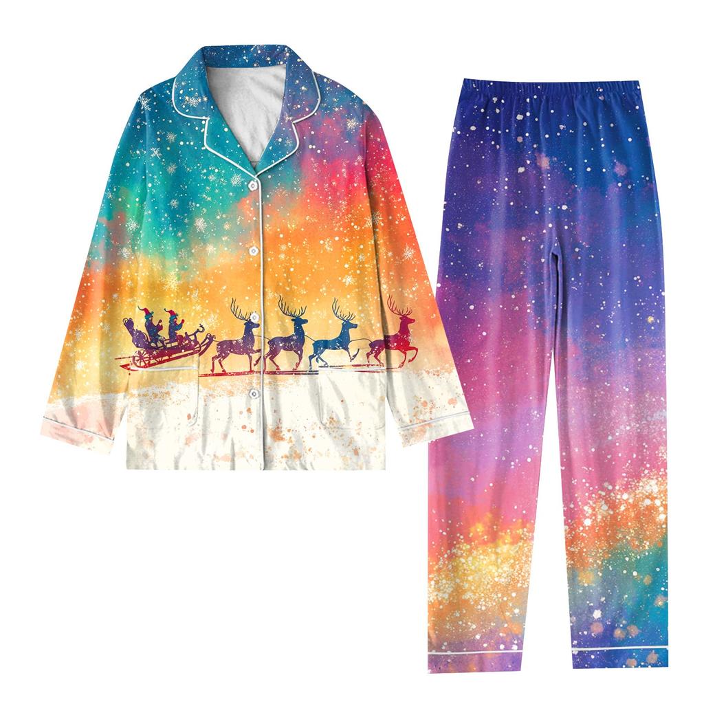 Детский рождественский костюм из 2 предметов с принтом, топ с длинными рукавами и застежкой на пуговицы, широкие брюки, комплект пижамы, домашний повседневный костюм