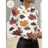 Autumn maple leaf printed women's cross-neck bottoming shirt, long-sleeved version with white background, autumn and winter atmosphere