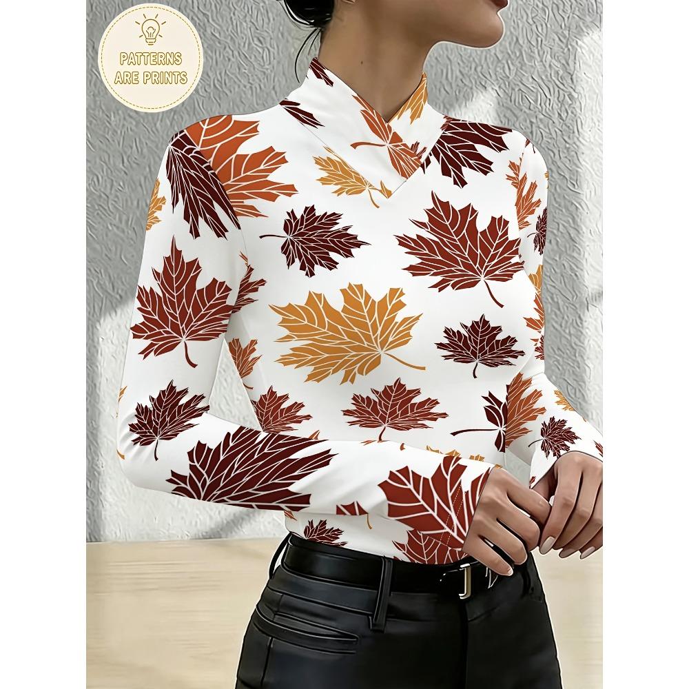 Autumn maple leaf printed women's cross-neck bottoming shirt, long-sleeved version with white background, autumn and winter atmosphere
