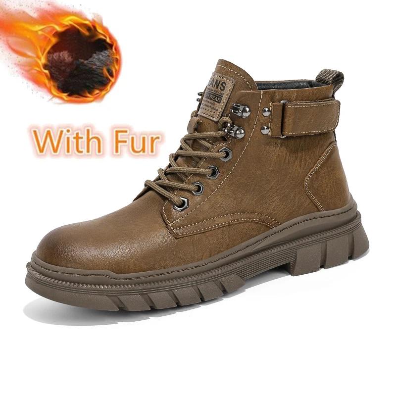 Fashion Casual Leather Winter Ankle Boots Comfortable Men Motorcycle Boots Outdoor Warm with Fur Botas Classic High Top Man Casual Shoes
