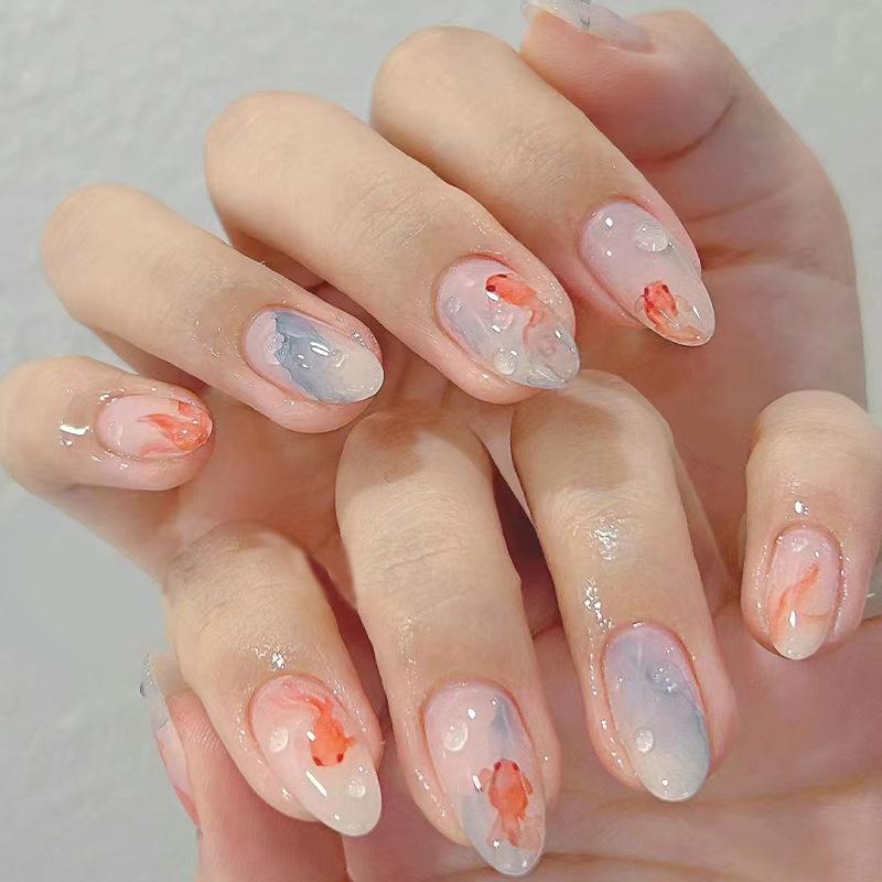 Nail Patch Summer Goldfish False Nail Three-dimensional Bubble Removable Nail Smudge Wear Nail Nail Patch 24 pieces