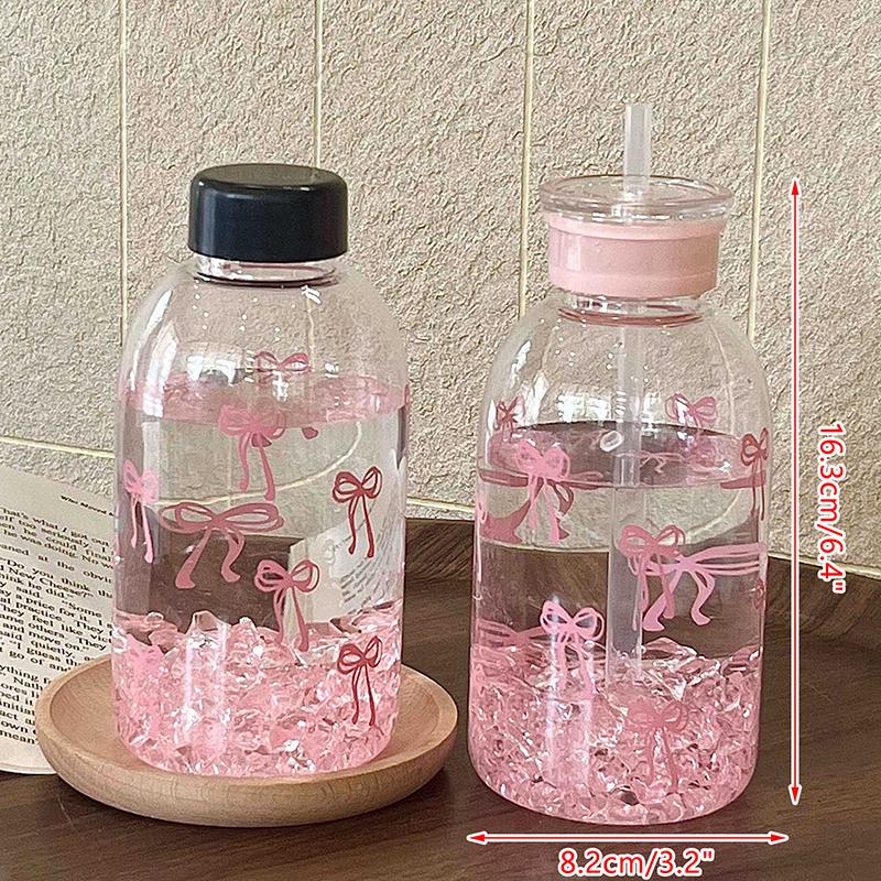 Бутылка для воды Kawaii, эстетический стакан для льда, кофе, сока, чая, симпатичные пластиковые стаканчики с бантом и крышкой-соломинкой, портативная бутылка для питья