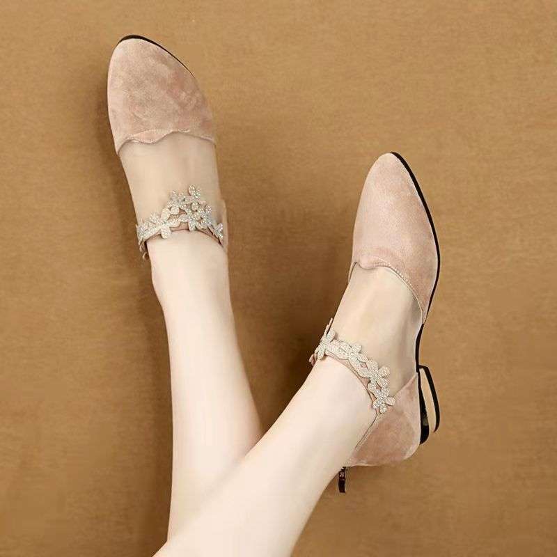 Single Shoes Women's Mesh Flat Bottom Hollow High Heel Sandals Women's Summer 2025 New Bag Head Thick Heel Outer Wear Large Size Women's Shoes Tide