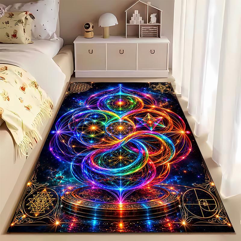 Area Rug, Sacred Geometry Rainbow Neon Flower of Life Nebula Print, Meditation Room Decor, Non-Slip Mat
