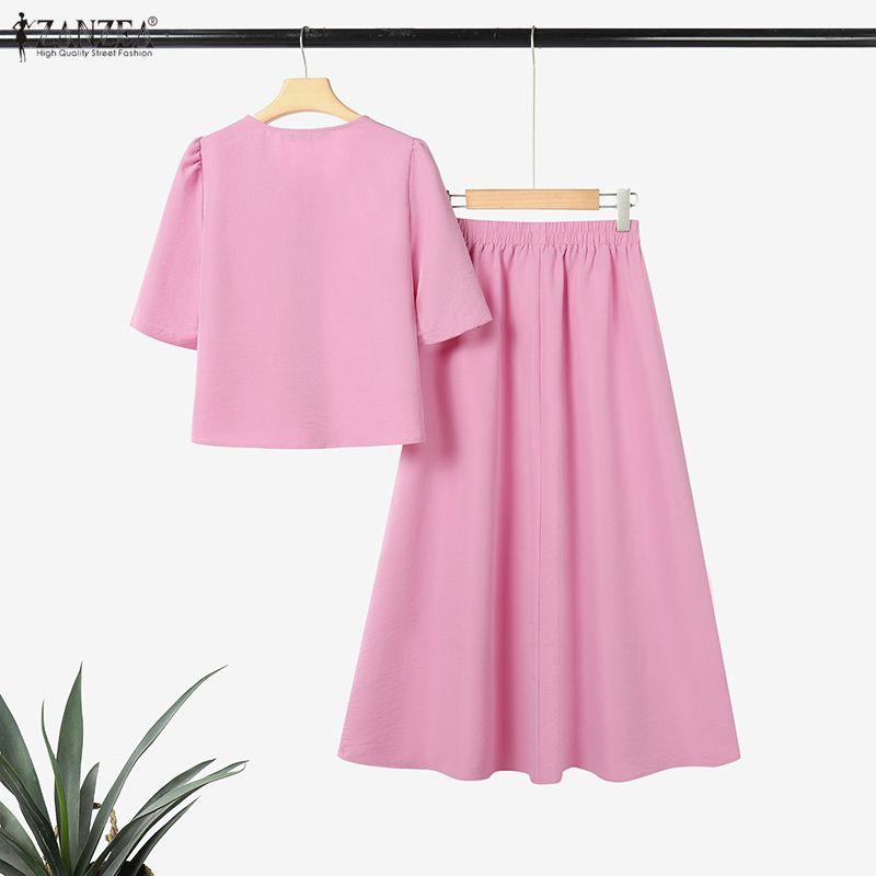 ZANZEA Women Short Sleeve Blouse and Long Skirts Summer Two Piece Suit Sets