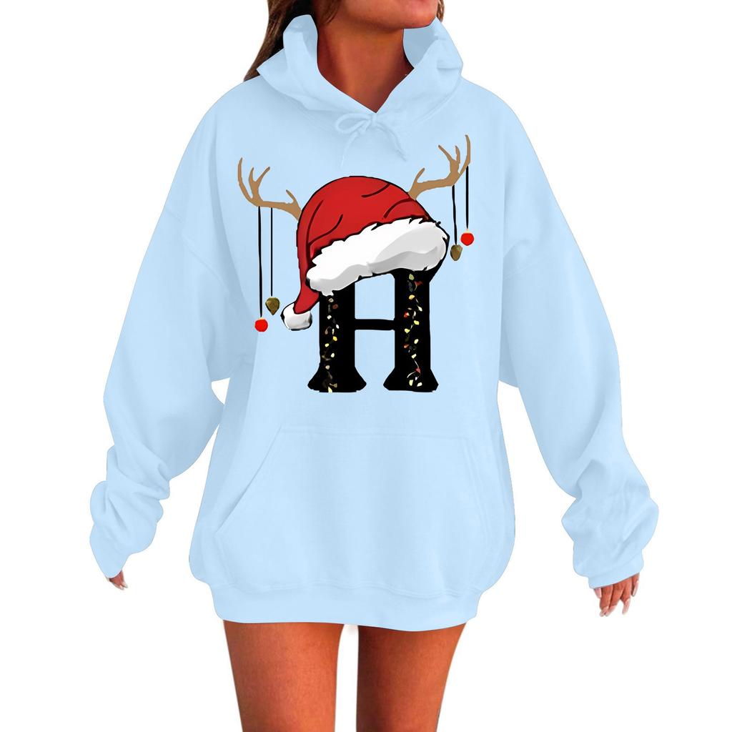 Ladies Fashion Casual Long Sleeve Printed Round Neck Hoodie Pullover Top With Pockets