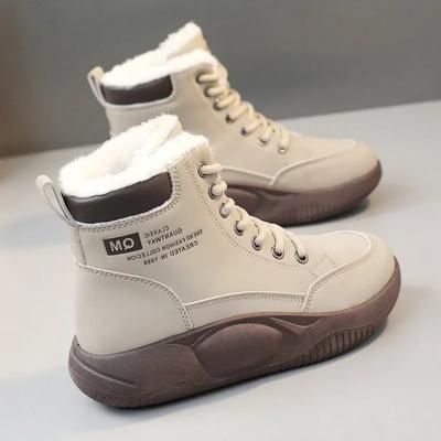 Женские хлопковые ботинки 2024 года, зимние новые высокие женские плюшевые теплые студенческие ботильоны на толстой подошве со шнуровкой, увеличивающие рост