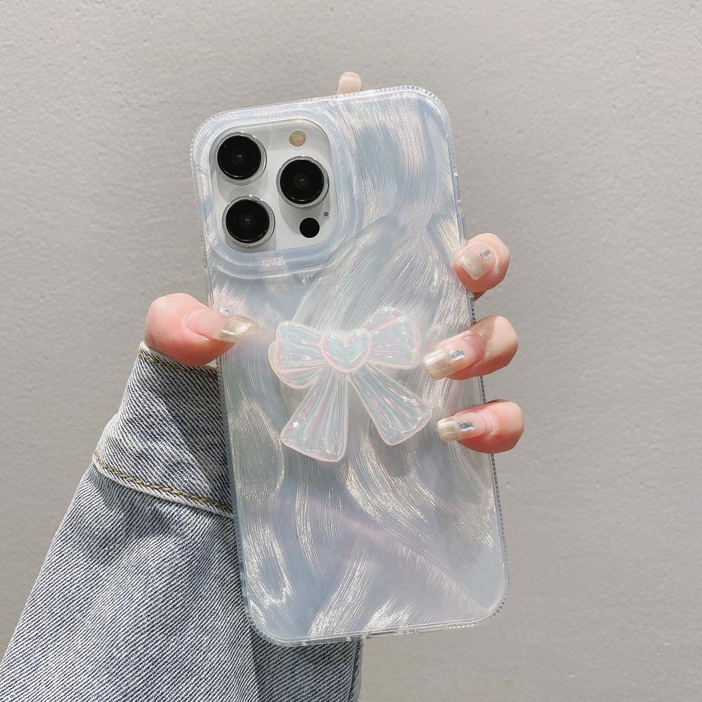 For iPhone 15 Pro Case Bow Decor Feather Yarn PC+TPU Phone Cover