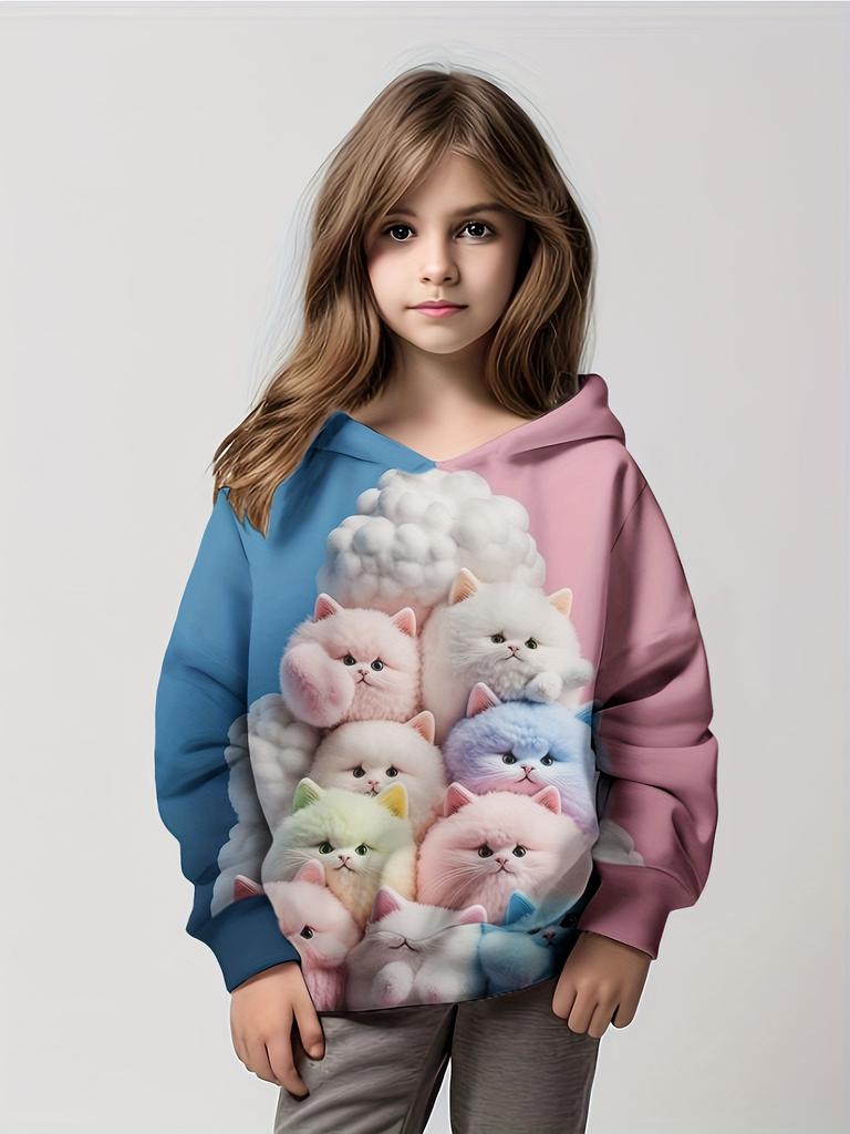 Толстовка с капюшоном для девочек с рисунком кота из мультфильма, детская одежда для девочек от 1 до 12 лет, удобная толстовка с длинным рукавом, детская одежда