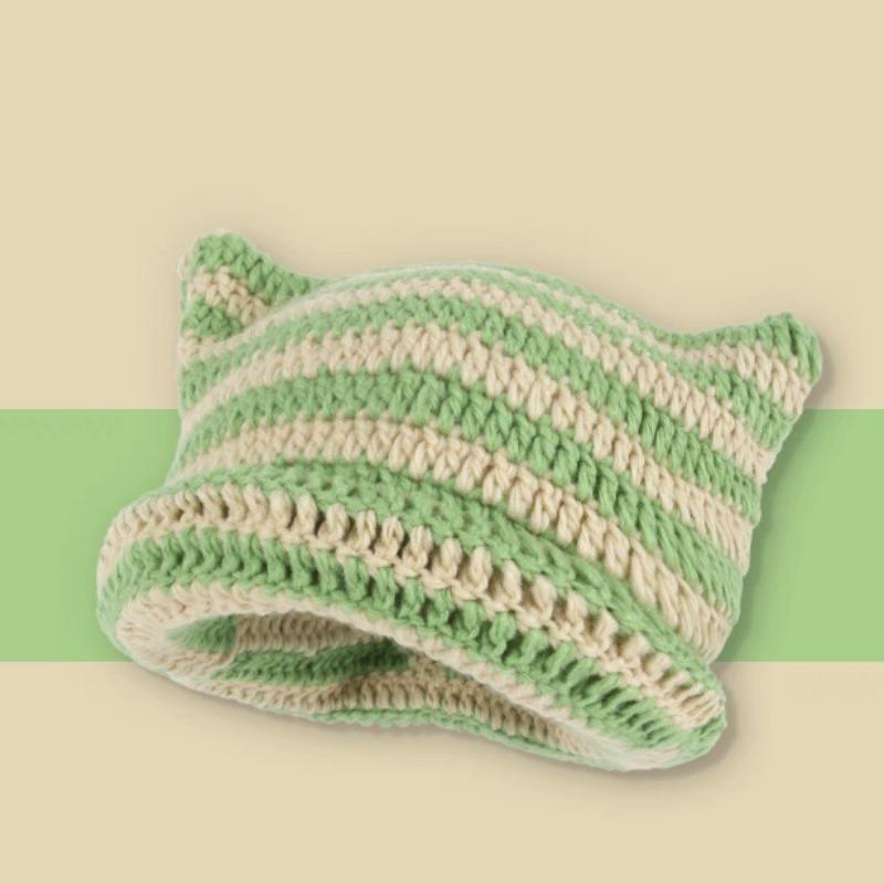 Осенне-зимняя шерстяная шапка в полоску с изображением японского дьявола, теплая вязаная шапка-пуловер с ушками кошки, зимняя шапка