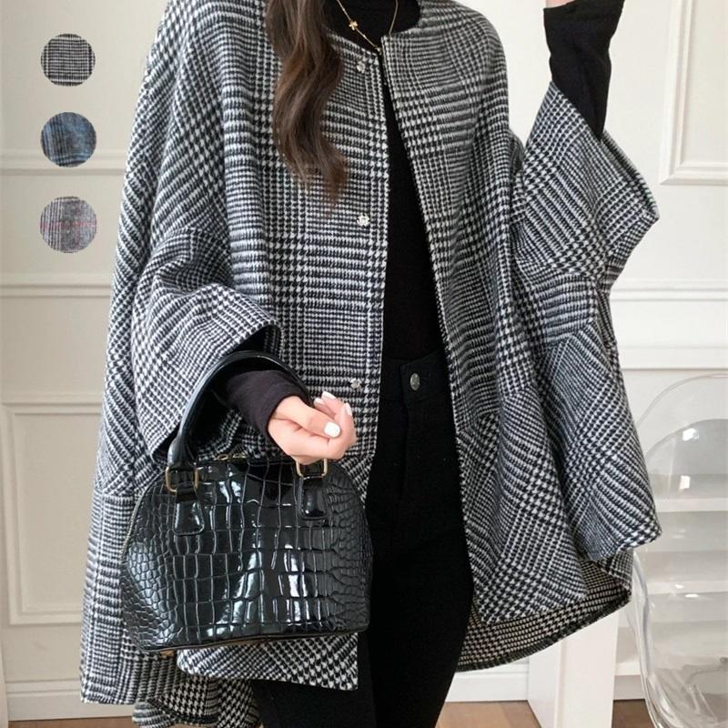Medium And Long Cardigan Crew Neck Plaid Jacket Cape Women'S Autumn And Winter New Fashion Trend Coat Women