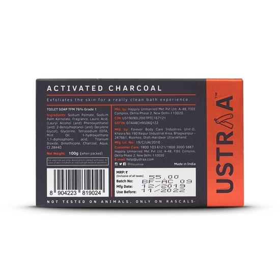 Ustraa Дезодорирующее мыло для мужчин с активированным углем, 8 x 100 г (Упаковка из 8 шт.) | С активированным углем | Богатый интенсивный аромат мускуса | Мощный аромат