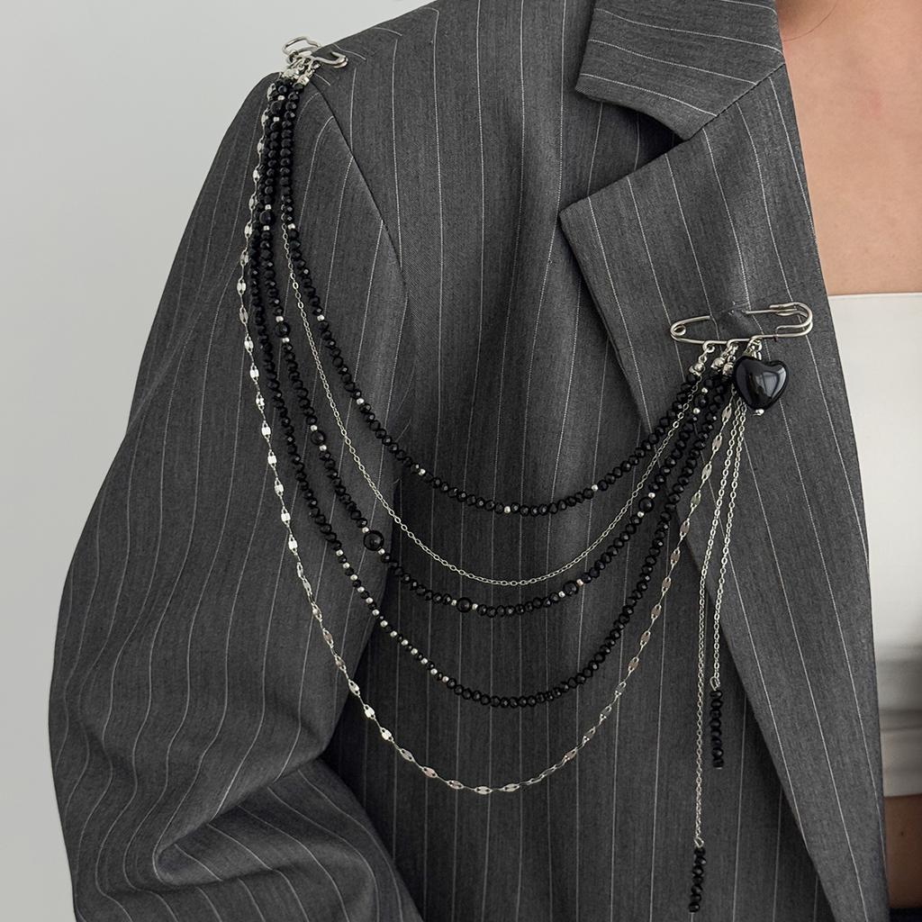 Ingemark Unique Black Crystal Beads Long Brooches Women Trendy Multi-layer Copper Chain Shirt Collar Suit Clip Pin Accessories